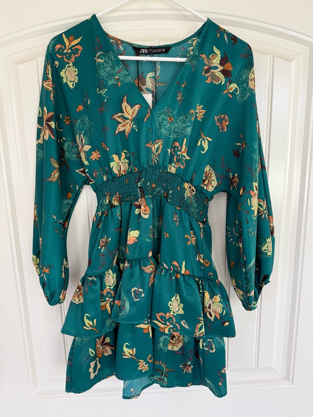 Zara Teal Floral Tiered Smocked Mini Dress